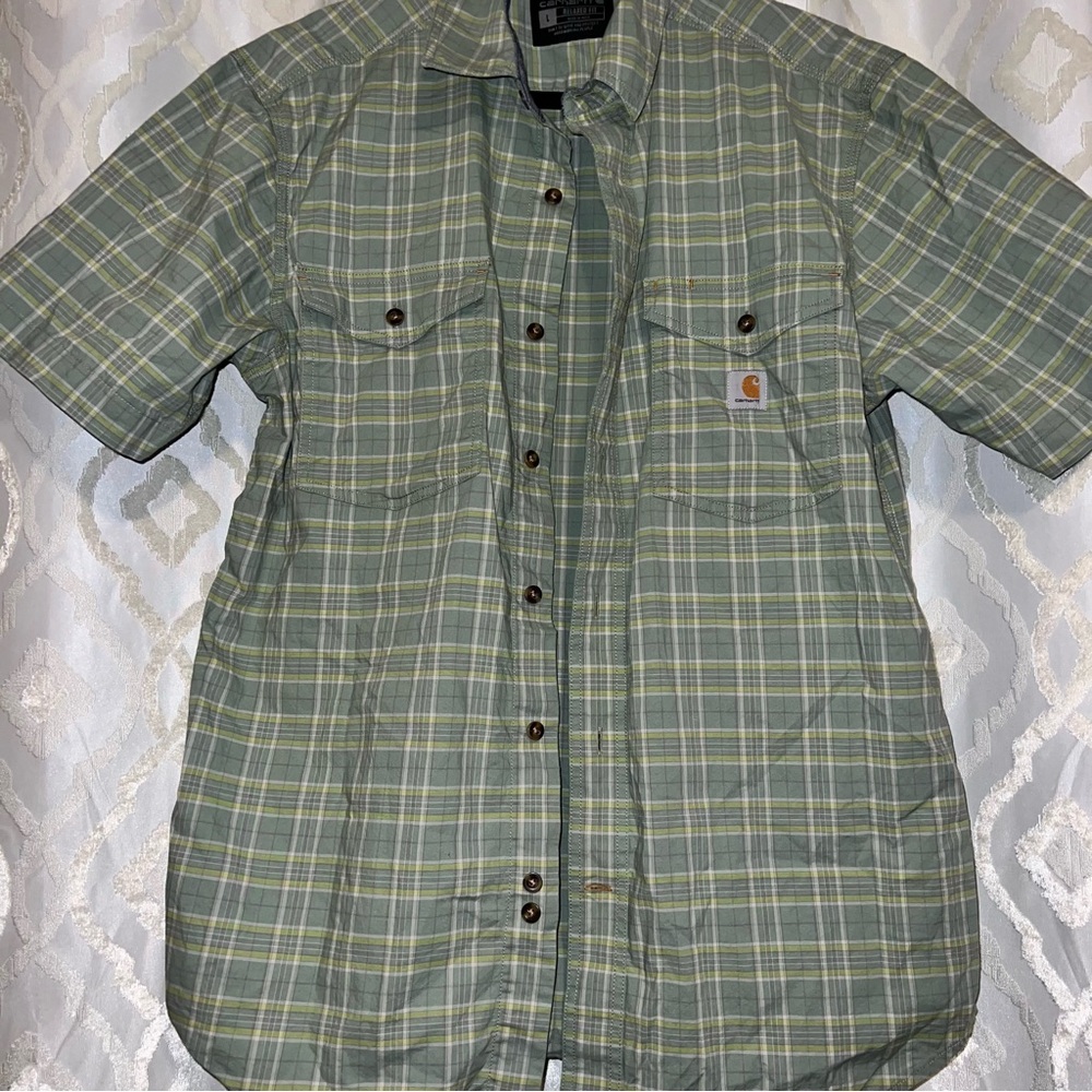 Carhartt Rugged Flex Olive Plaid Short Sleeve Button-Up Shirt - Picture 2 of 11